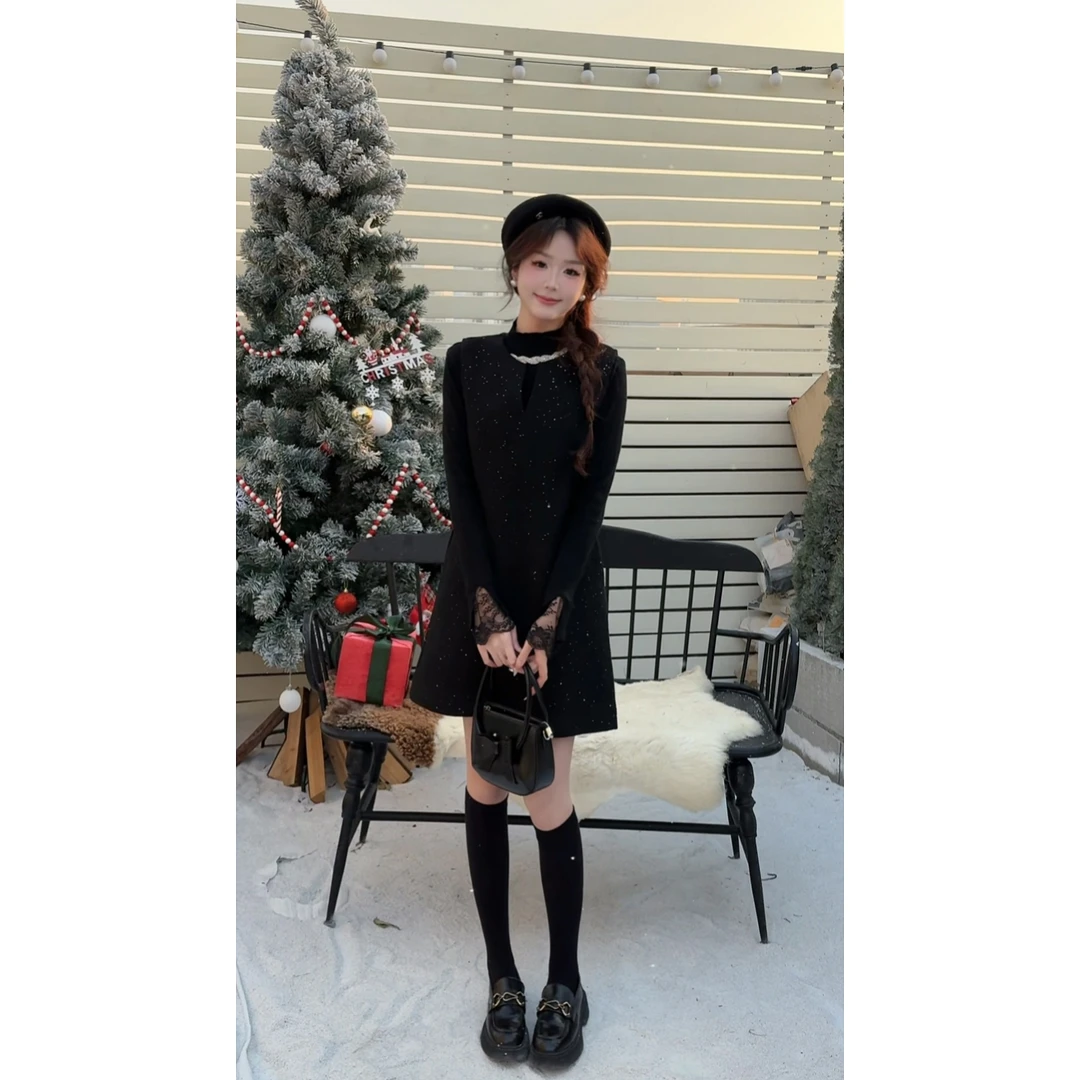 【加厚加绒】小香风黑色显瘦气质加绒马甲连衣裙+百搭打底针织衫