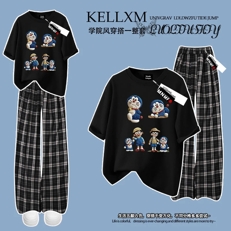 2025夏季男女童卡通哆啦A梦慵懒风短袖T恤格子长裤学生潮流两件套