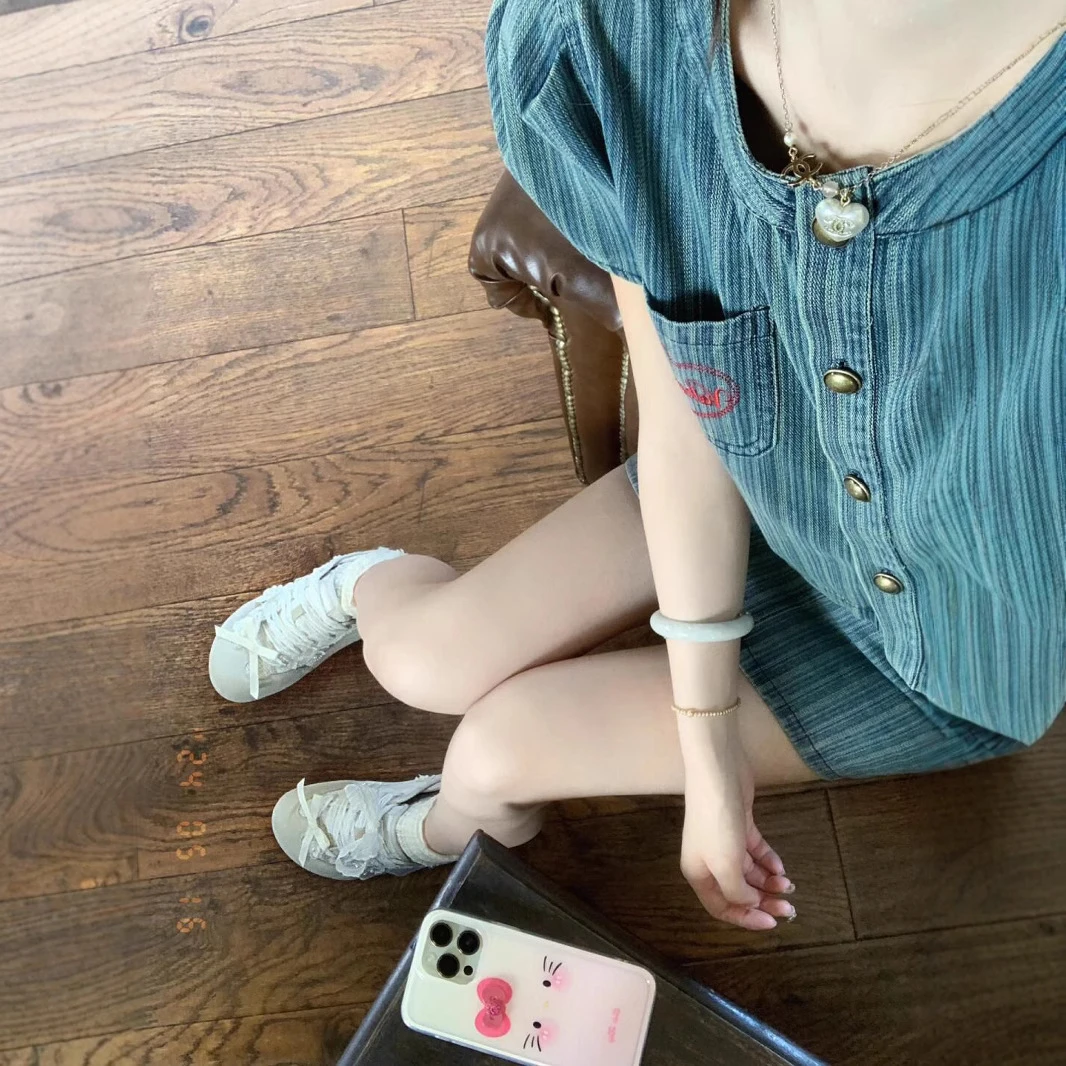 夏季复古套装女泡泡袖条纹牛仔开衫上衣字半身裙两件套显瘦甜美