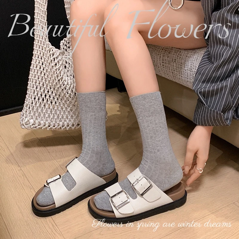 【陈子因】懒人双扣带百搭厚底勃肯半拖鞋女夏季新款沙滩勃肯凉拖鞋