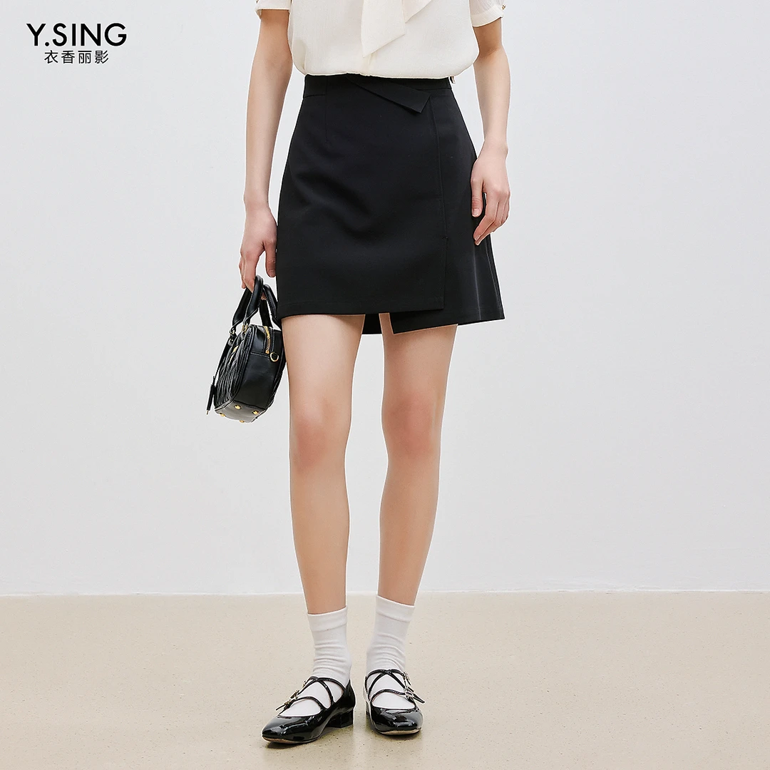 衣香丽影黑色翻边设计感半身裙女2025年夏装新款显高显瘦A字短裙