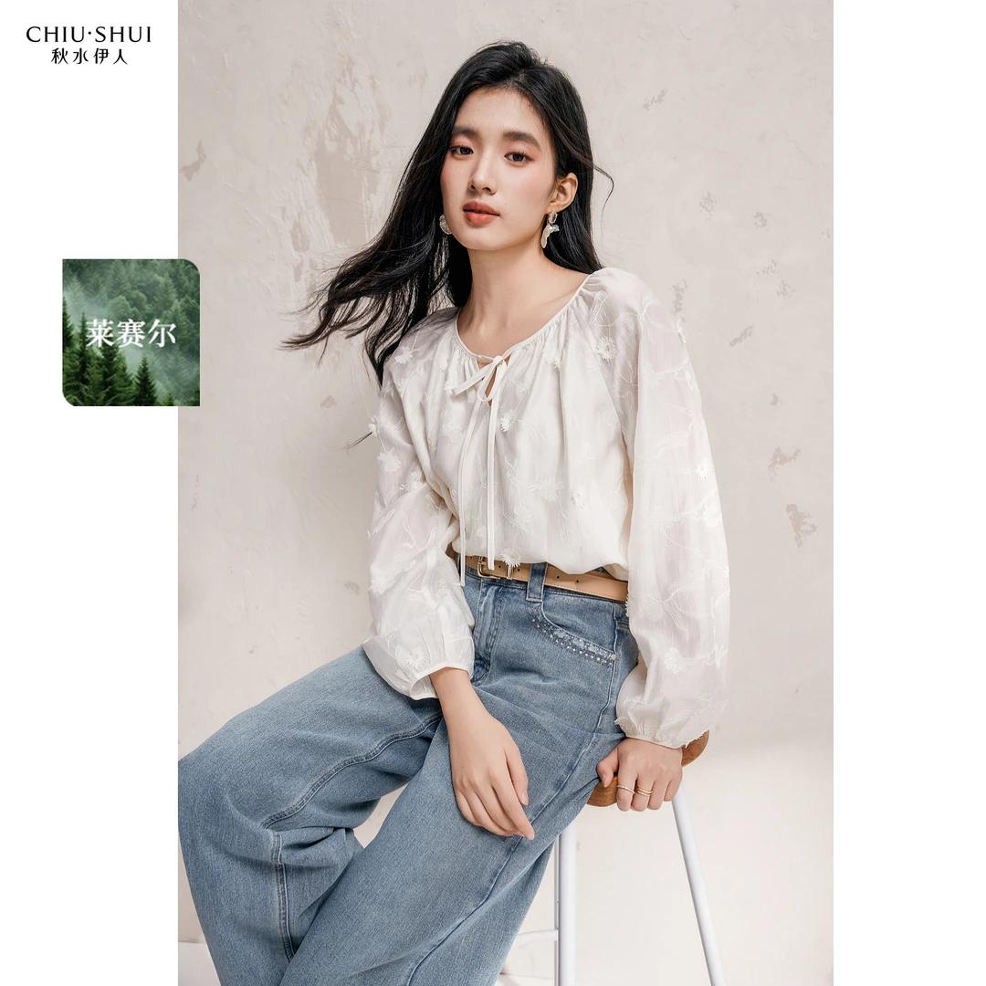 秋水伊人圆领灯笼袖雪纺衫2025春季新款女休闲上衣625101D060334