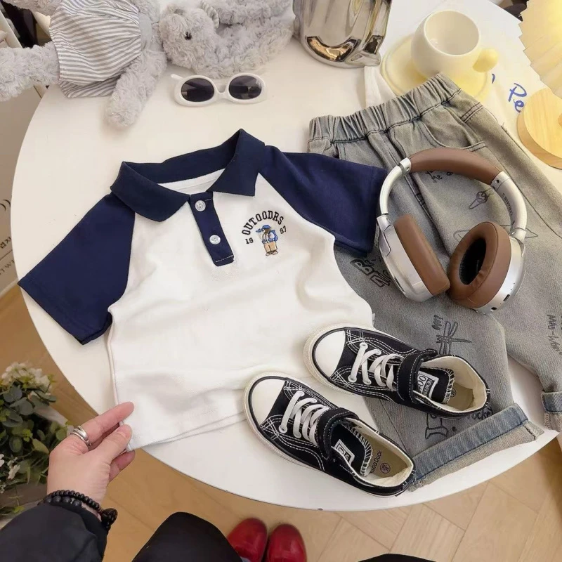 宝宝夏季洋气T恤儿童卫衣外出刺绣小熊polo衫V领韩版舒适字母上衣