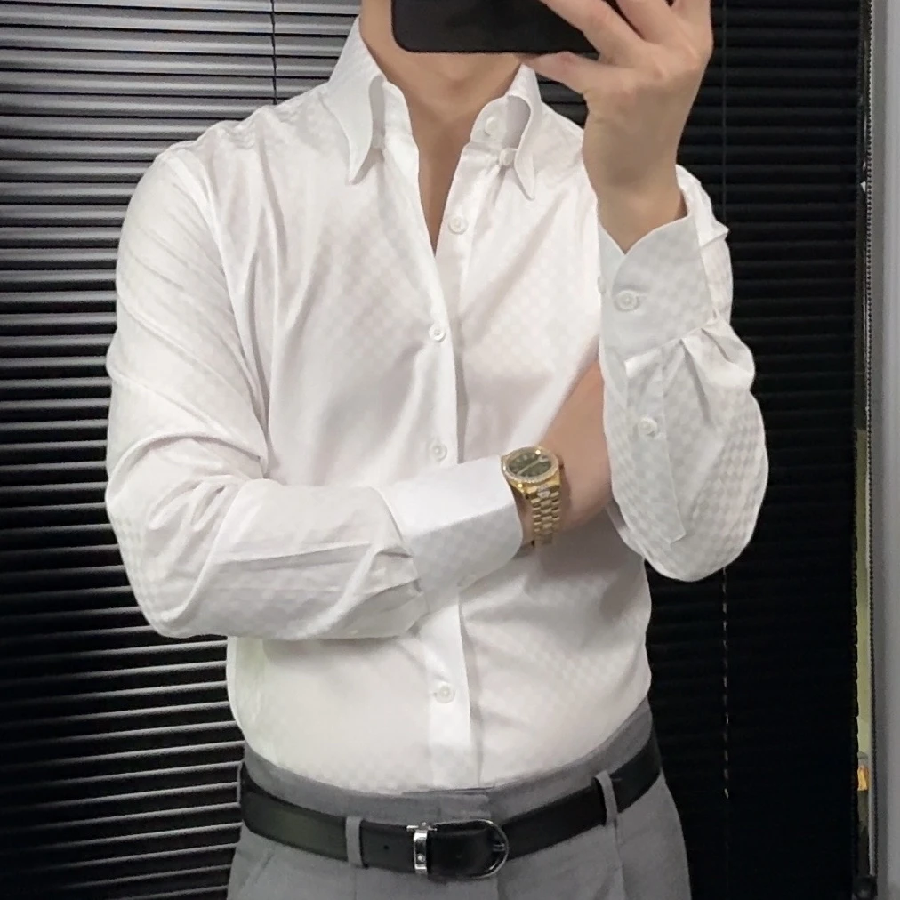 格子长袖衬衫男士商务休闲痞帅设计高级感春秋款上衣衬衣蓝色百搭