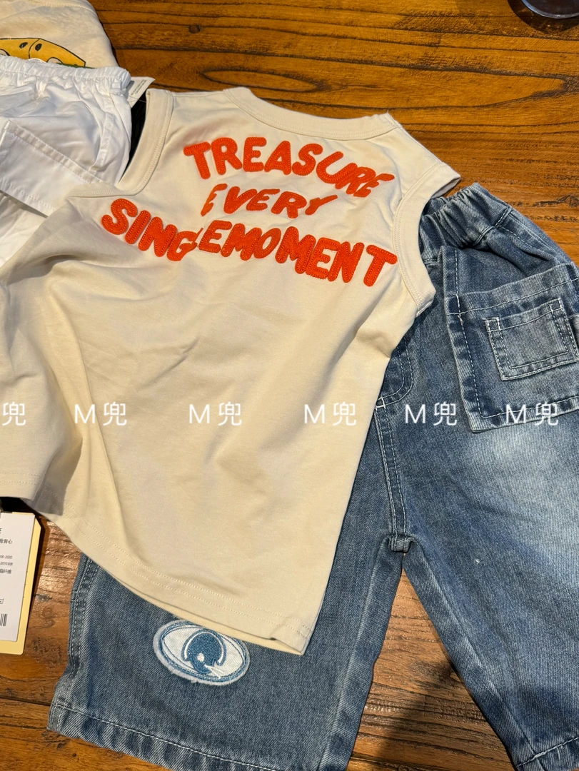 25年日系童装中古DD儿童夏季徽章字母贴无袖上衣背心