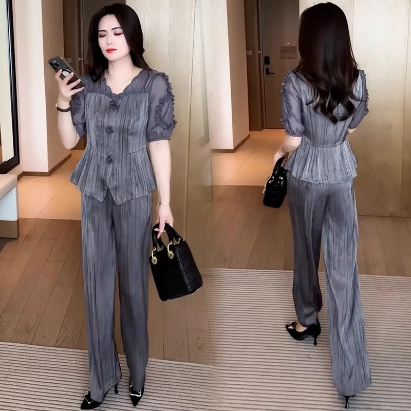 时尚套装女2025夏季新款洋气显瘦薄款短袖上衣阔腿裤减龄两件套潮