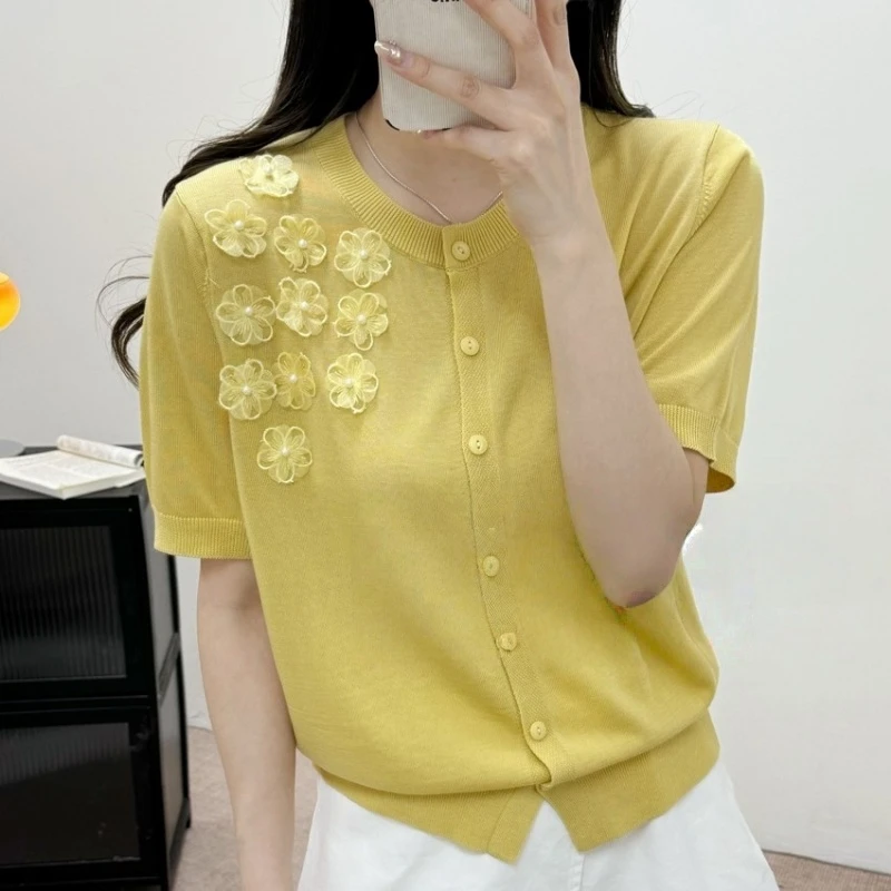 大码女装2025夏装新款针织开衫上衣胖mm百搭刺绣冰丝短袖T恤50006