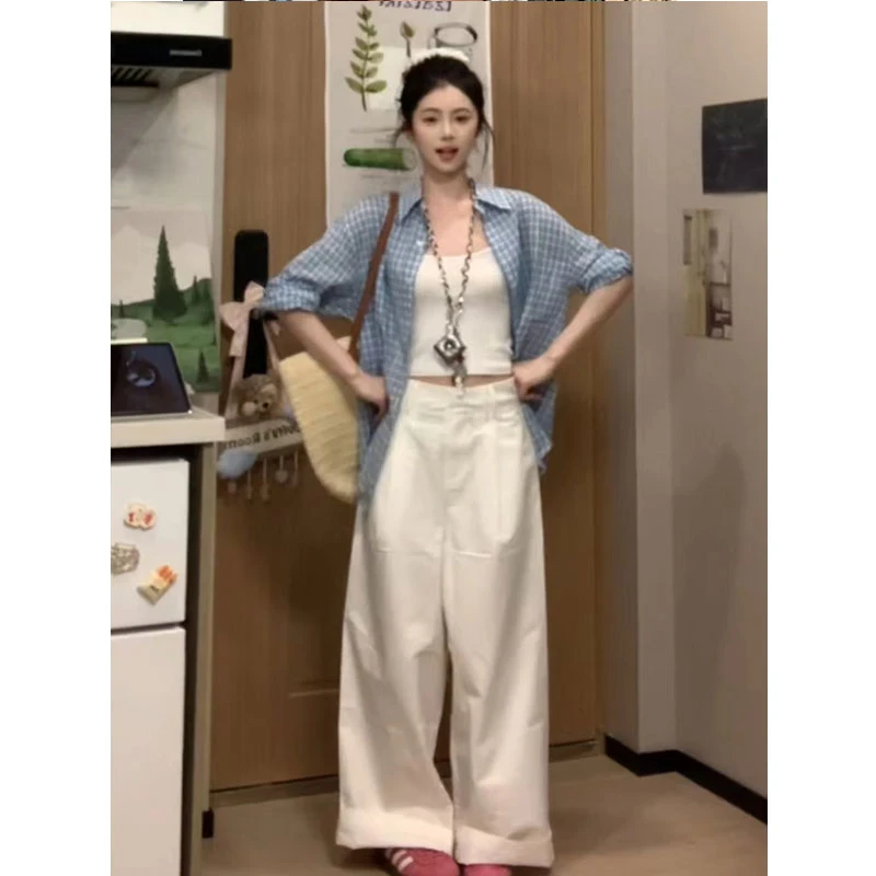 2025年夏季新品减龄长袖格子衬衫内搭吊带上衣休闲长裤时尚三件套