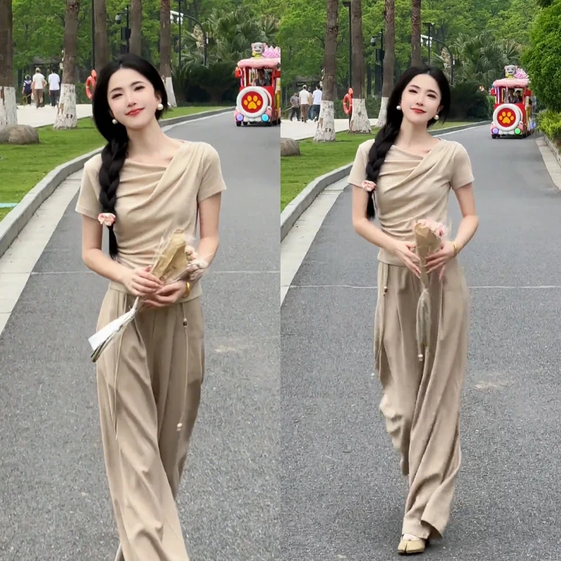 2025夏季新款韩版时尚褶皱短袖上衣搭高腰显瘦阔腿裤休闲两件套装