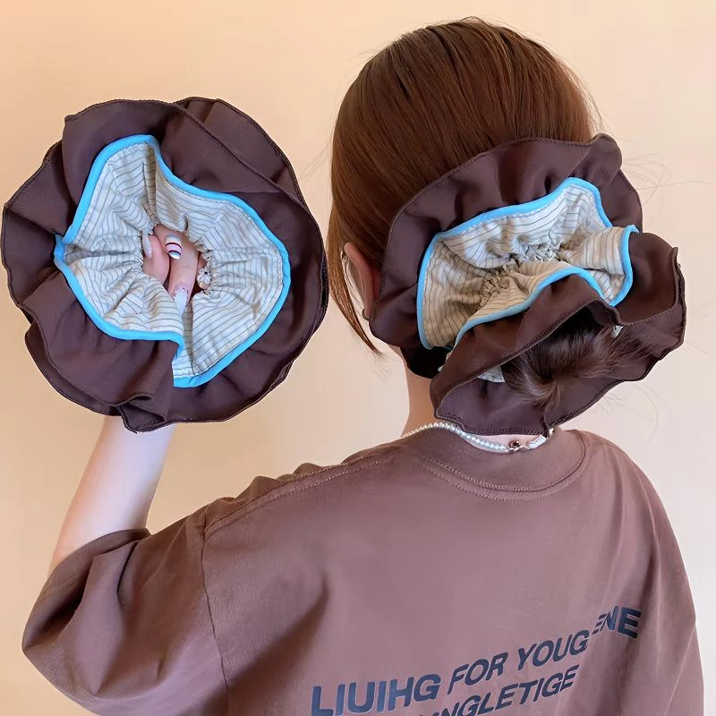 韩系慵懒风条纹大肠发圈女高级感丸子头超大号复古百搭发饰头绳