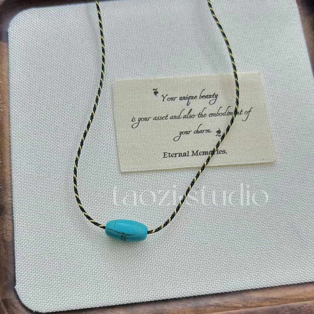 钛钢项链 X8003复古民族风单颗蓝色椭圆珠子吊坠项链