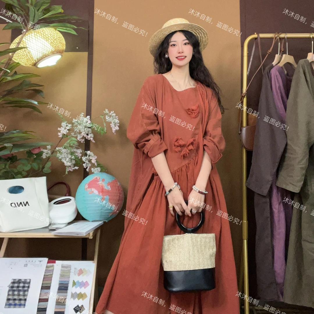 【沐沐自制】S622秋*出口MA*重工手花*设计师款*文艺*宽松 连衣裙