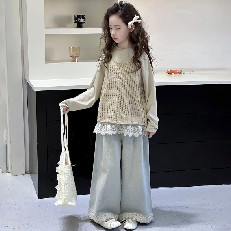 女童秋季套装2025新款儿童春秋款洋气马甲背心阔腿裤女孩三件套装