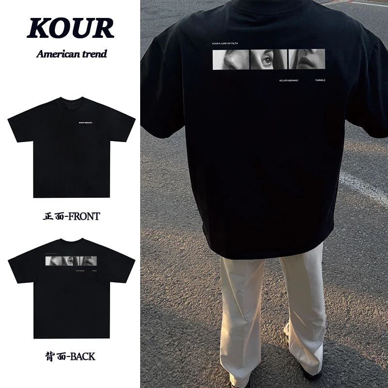 美式高街复古简约人物印花上衣重磅纯棉宽松百搭潮流夏季短袖T恤