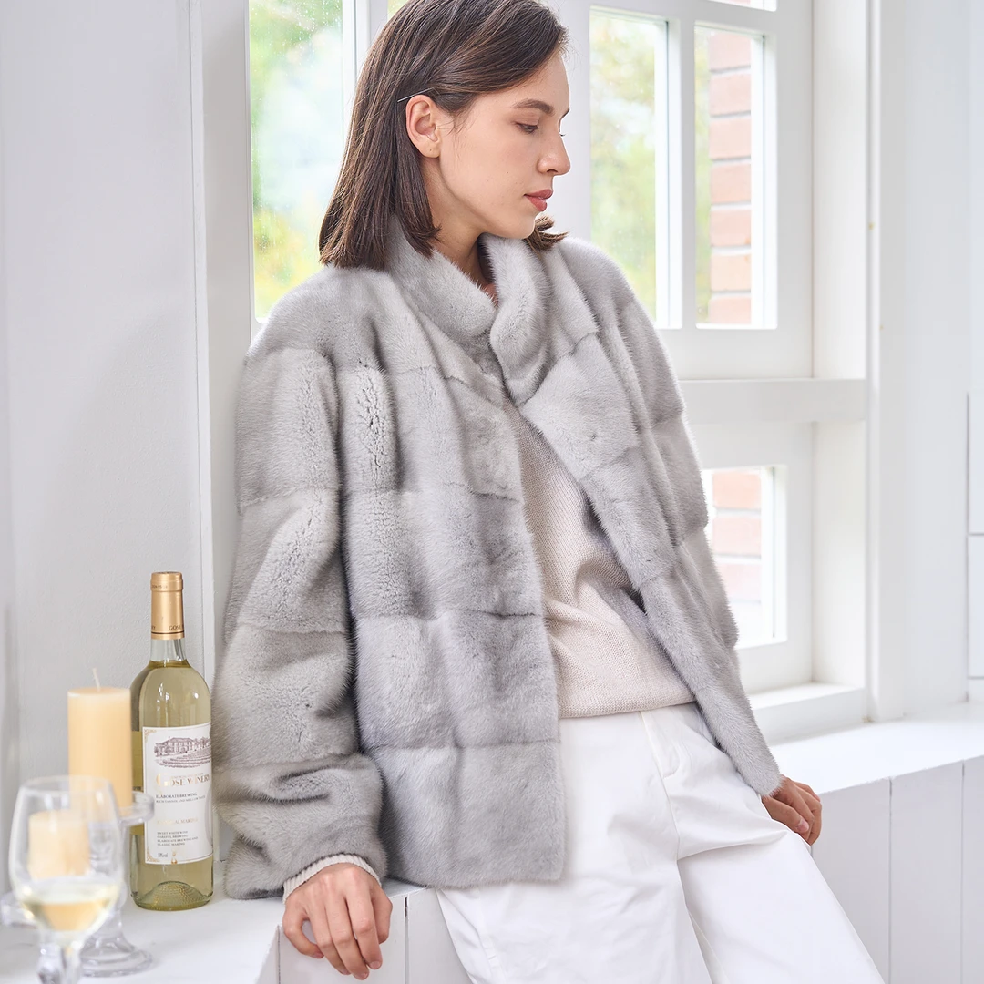 RMM「北欧」蓝宝石原色立领横排短款水貂皮草貂皮大衣女整貂