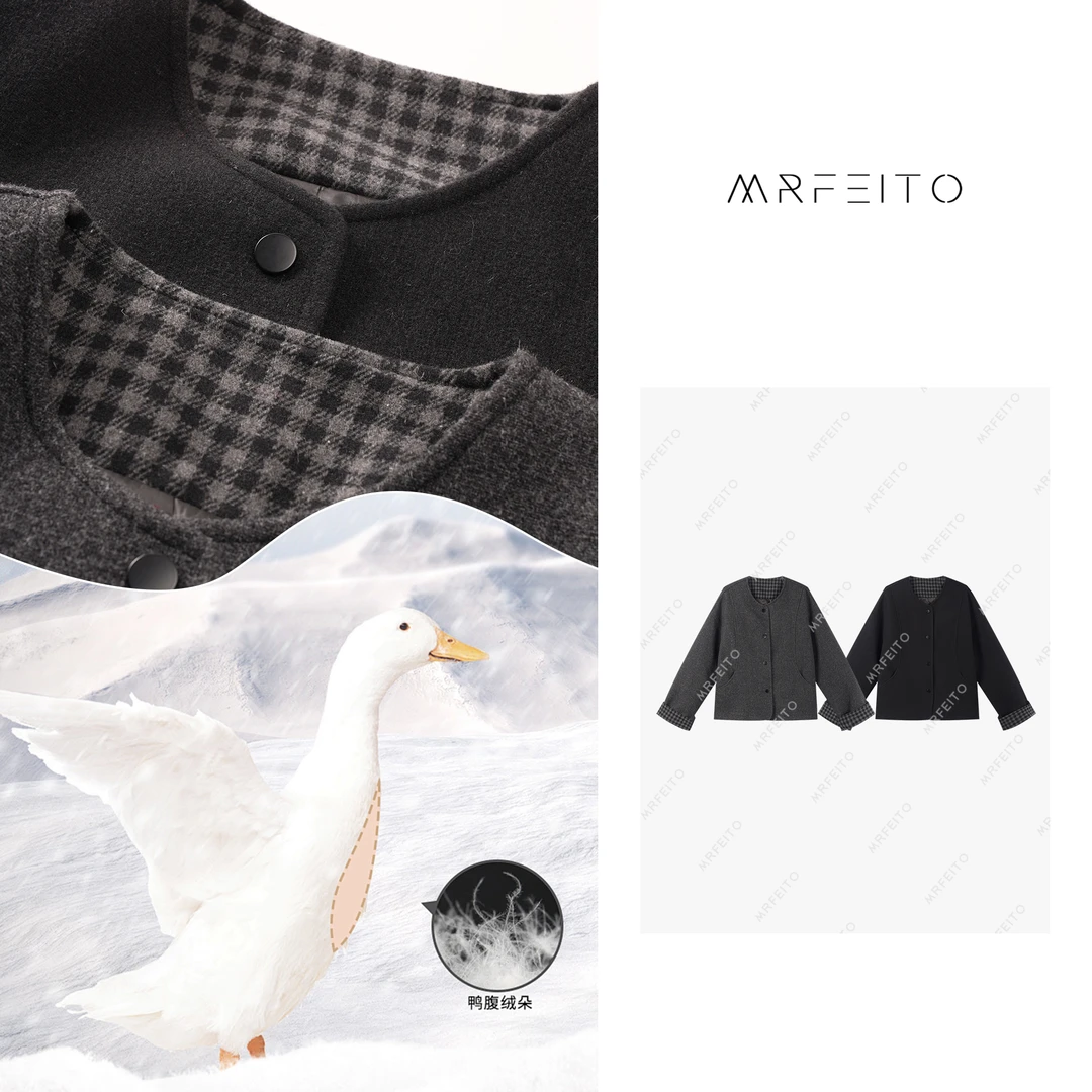 MRFEITO【格蕾系列】韩版圆领袖口格子大衣羽绒服H322W01D30095