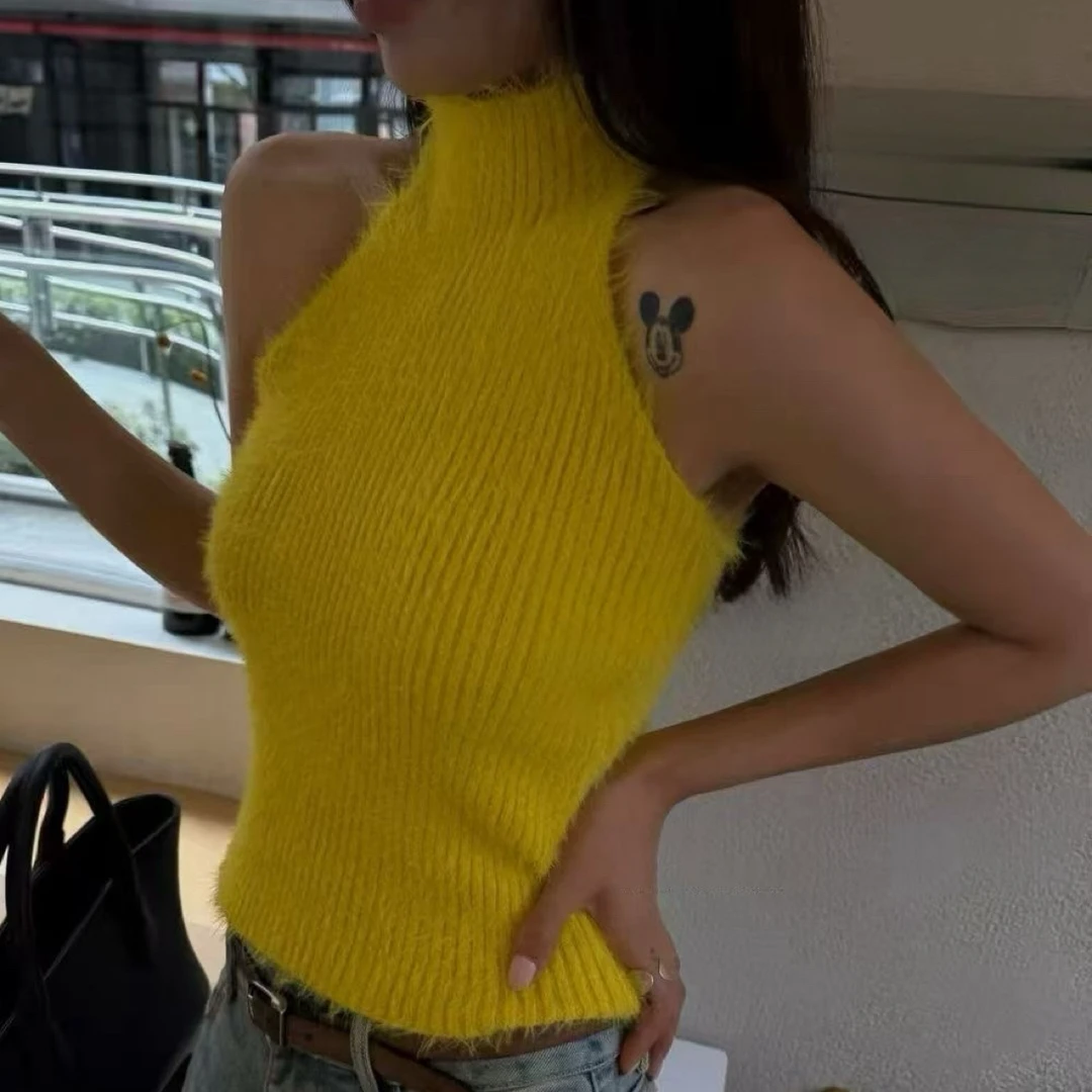 【FF】秋冬辣妹挂脖修身水貂毛针织吊带背心女内搭短款打底衫上衣