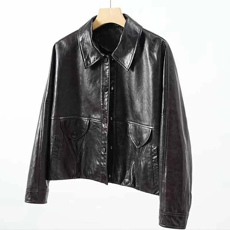 海宁100%头层绵羊皮宽松休闲夹克2026春季新款长袖短款外套女