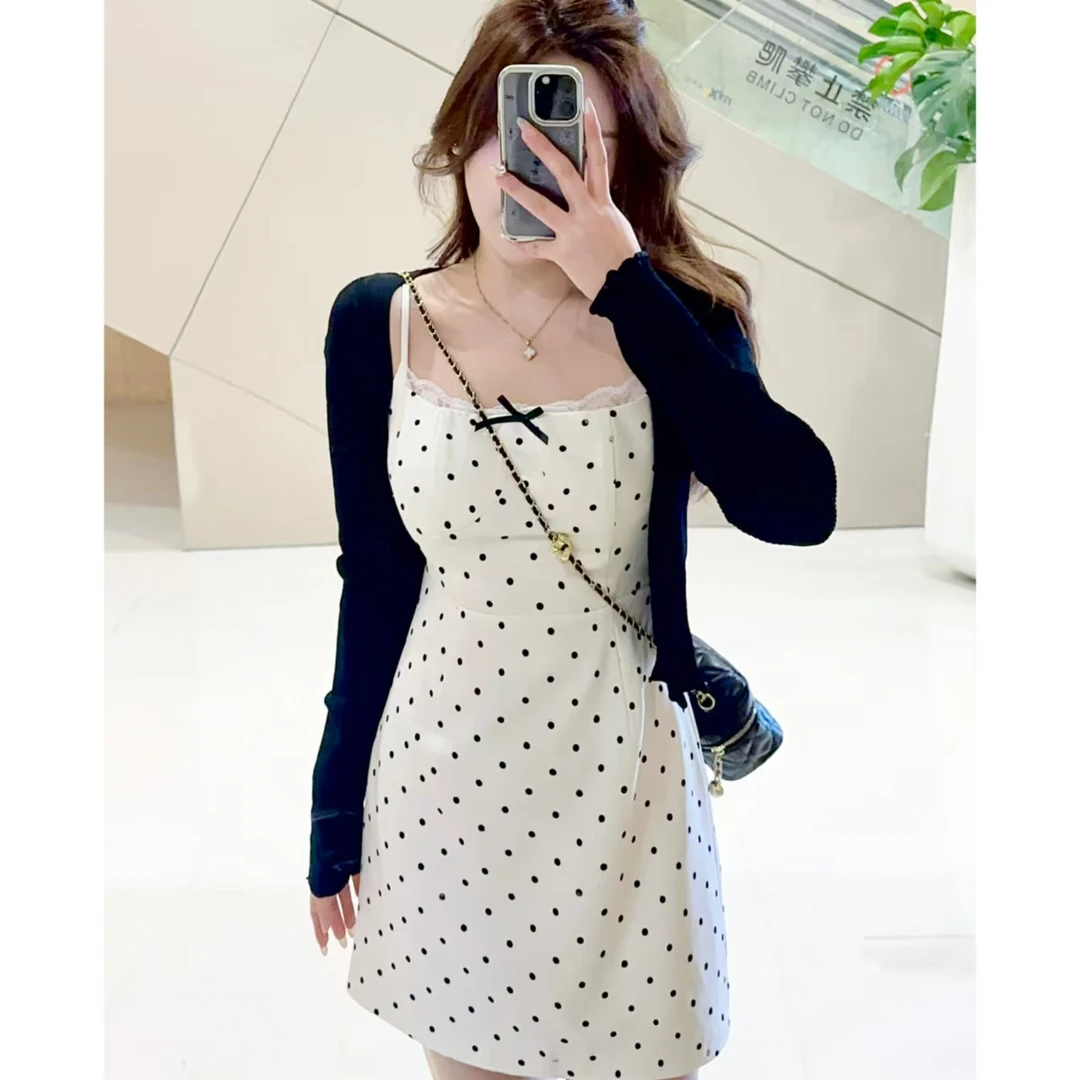 【MuMu】法式纯欲蕾丝波点吊带腰连衣裙wp9367+黑色针织外套WP9454