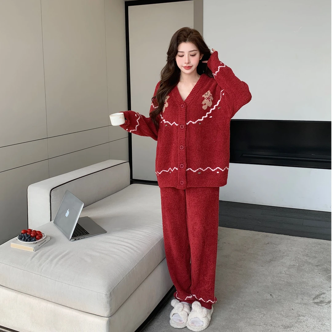 【新年小熊】软绵绵半边绒秋冬款加绒加厚抗静电长袖家居服睡衣开衫