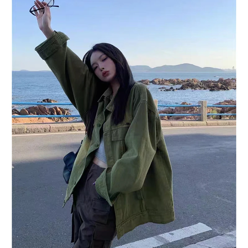 高级感POLO领绿色长袖牛仔外套女春秋冬大码美式复古宽松夹克开衫
