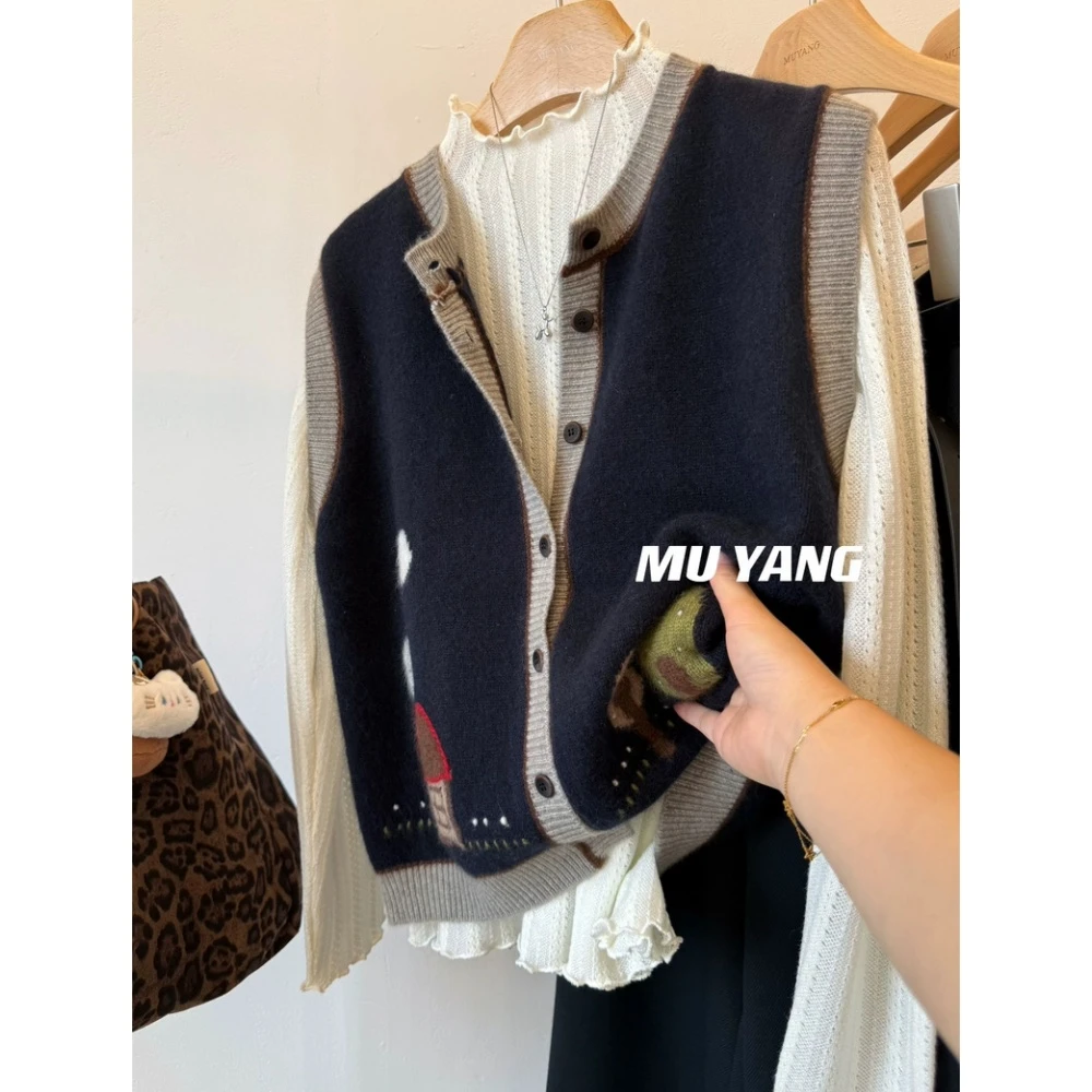 小房子马甲」手工刺绣软糯~单排扣无袖圆领叠穿显瘦针织马甲开衫