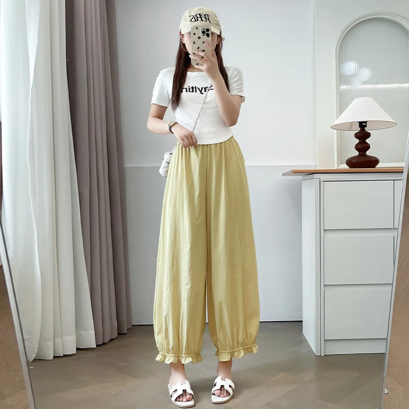 大码女装多巴胺显瘦薄款洋气胖MM高腰外穿灯笼裤纯色休闲裤子夏装