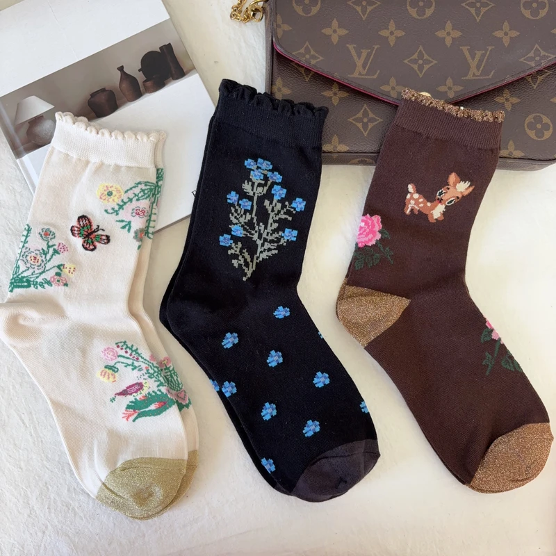 高质欧美风木耳花边亮丝中筒袜拼色小鹿花卉韩国文艺女袜复古短袜