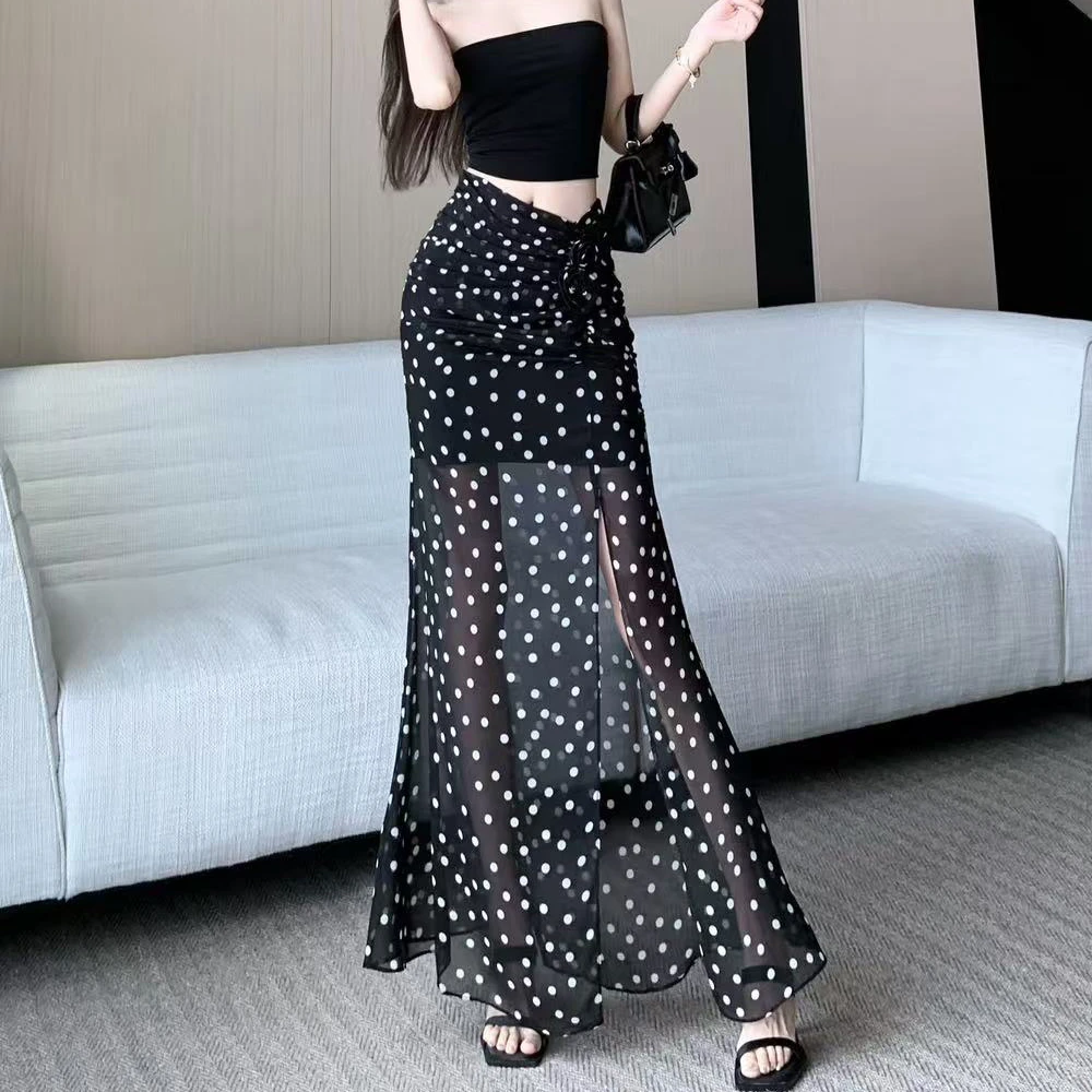 法式黑色波点高腰半身裙女夏季纯欲气质修身显瘦开叉包臀长裙微透