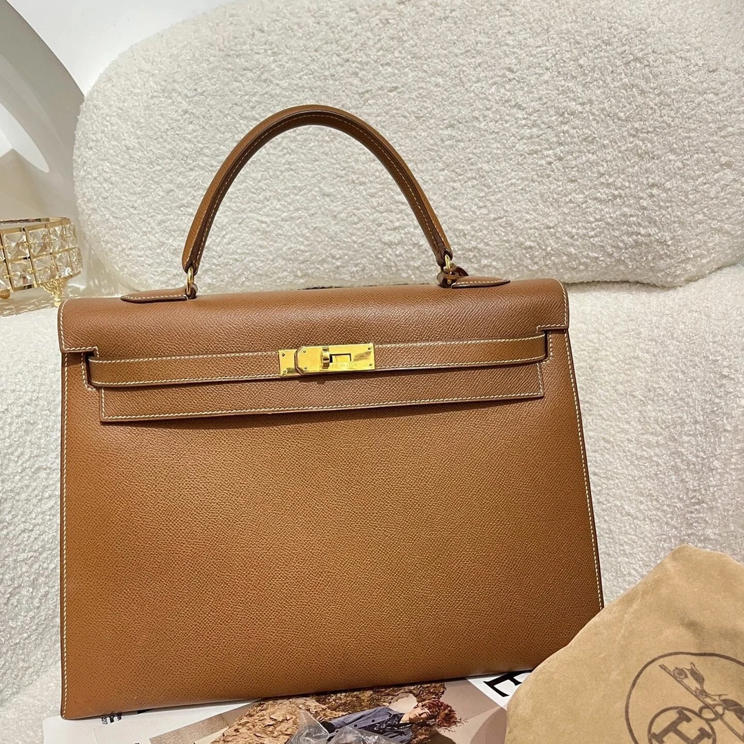99新 Hermes/爱马仕 kelly35金棕金扣e皮框C手提包