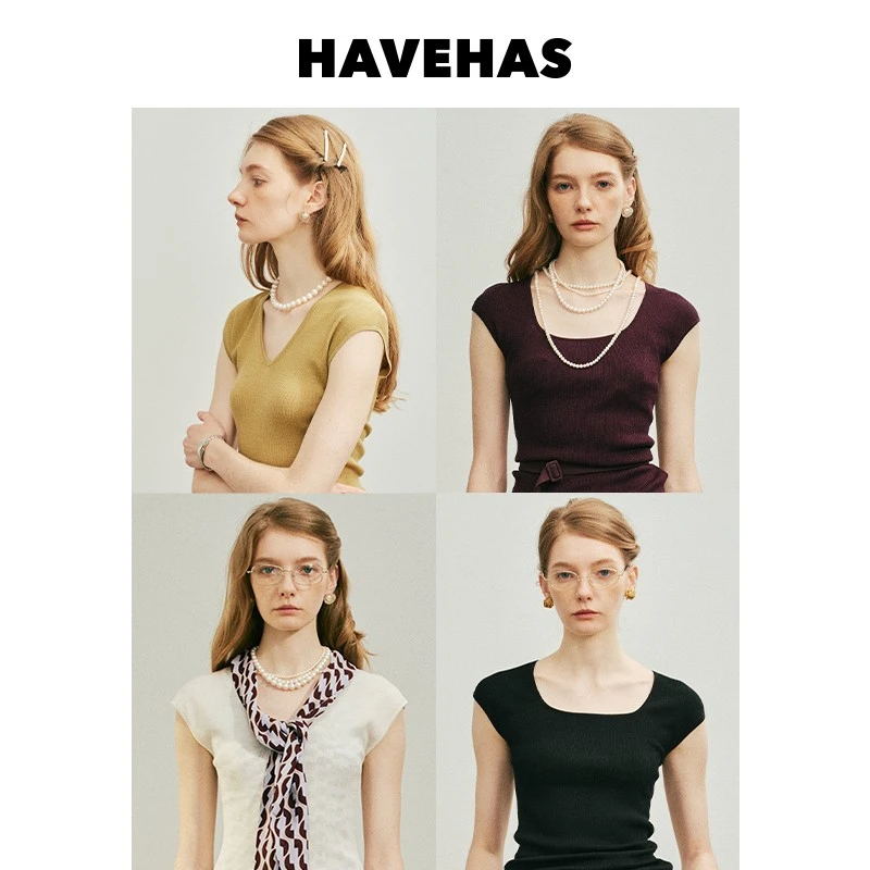 HAVEHAS基础衣橱 80支醋酸羊毛极简百搭方/V领打底短袖T恤针织衫