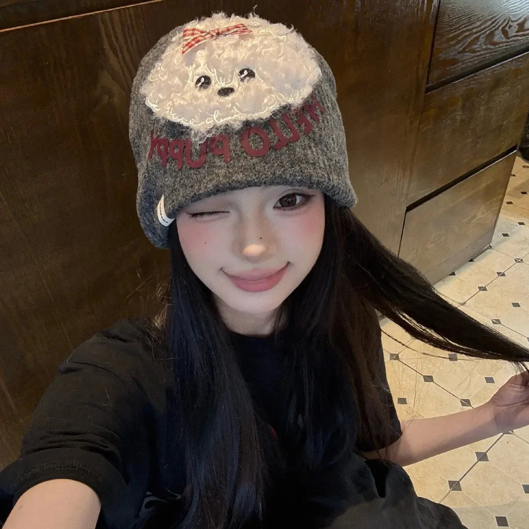 韩版软糯可爱蝴蝶结毛绒小狗针织毛线帽女秋冬保暖冷帽护耳包头帽