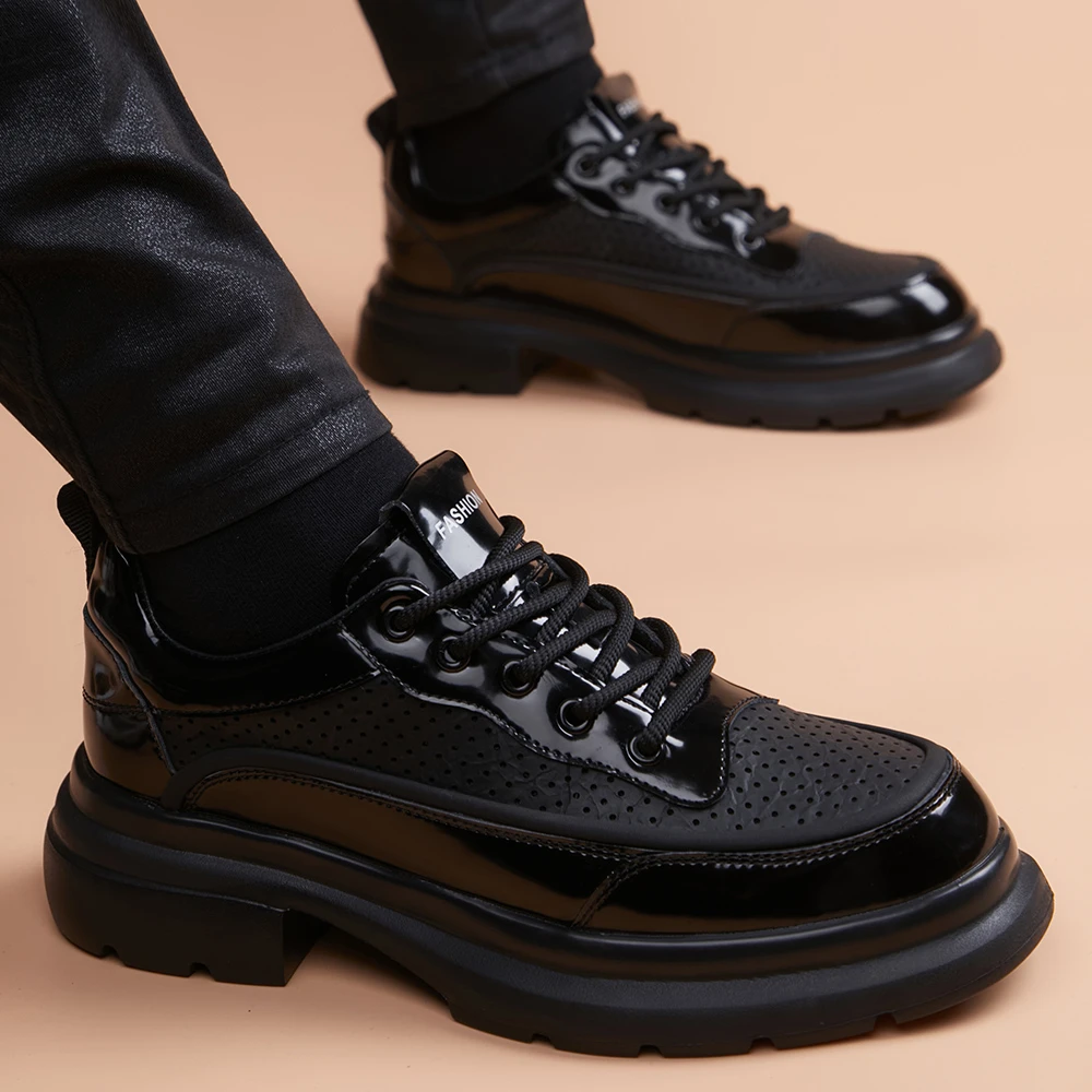 夏季男士镂空皮鞋真皮厚底增高鞋透气正装英伦青年潮商务休闲鞋子