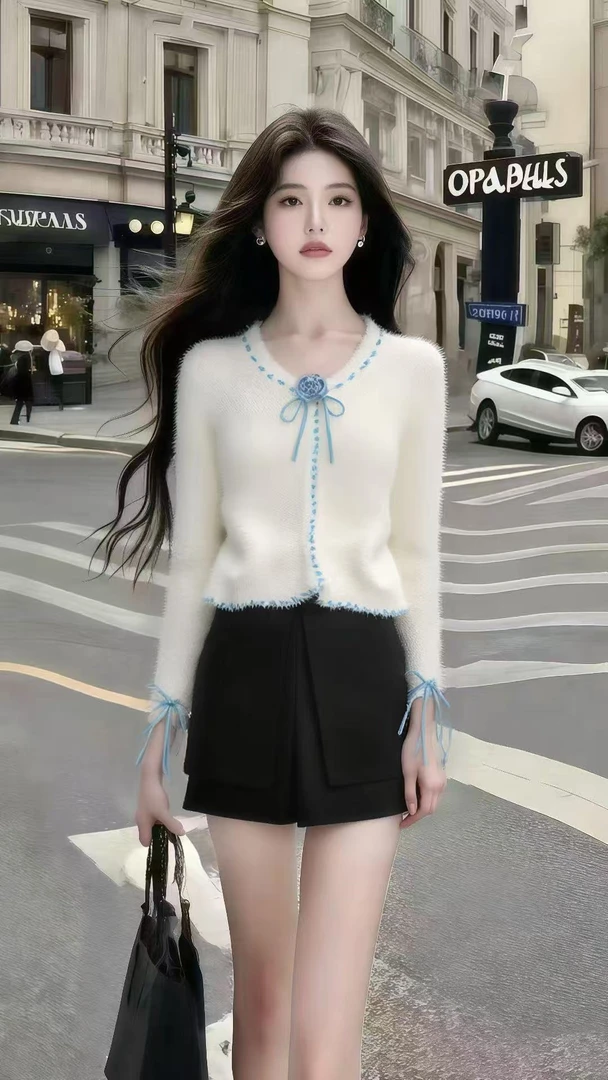 秋季新款时尚氛围感穿搭白色V领长袖设计感上衣+黑色百搭短裙女
