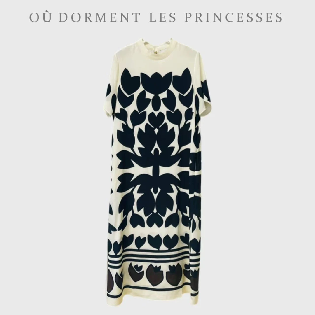 Fen姐|【墨色郁金香】重磅桑蚕丝圆领撞色时髦感休闲连衣裙25960