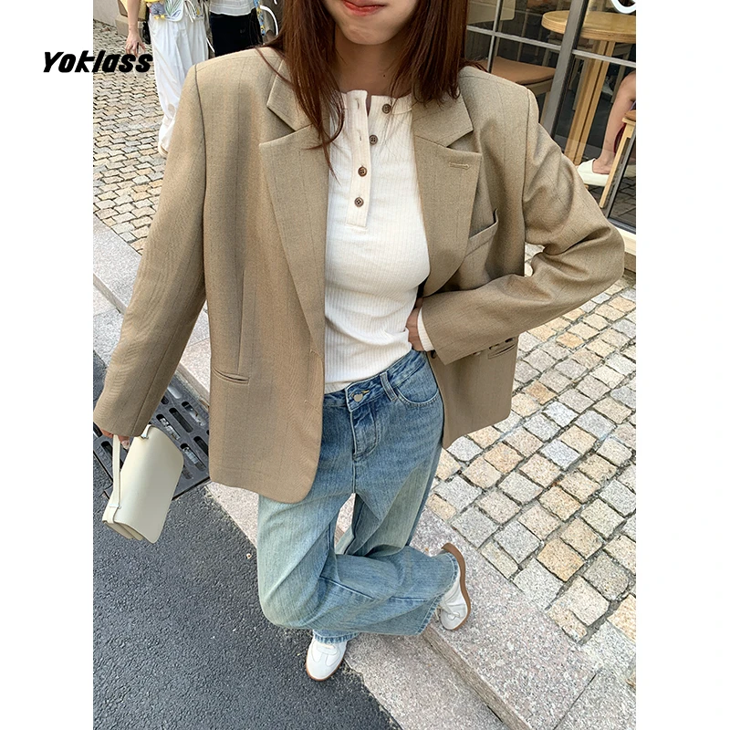王少女YOKLASS 时尚气质百搭咖色宽松长袖西装外套 A37417S53