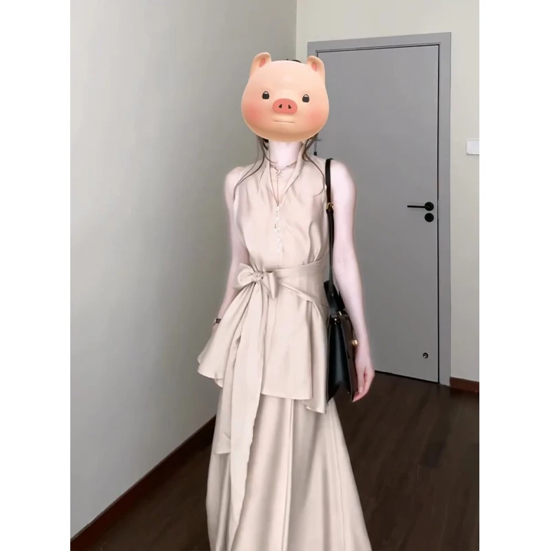 A1651#夏季新款法式气质收腰绑带无袖上衣高腰褶皱设计感半身裙