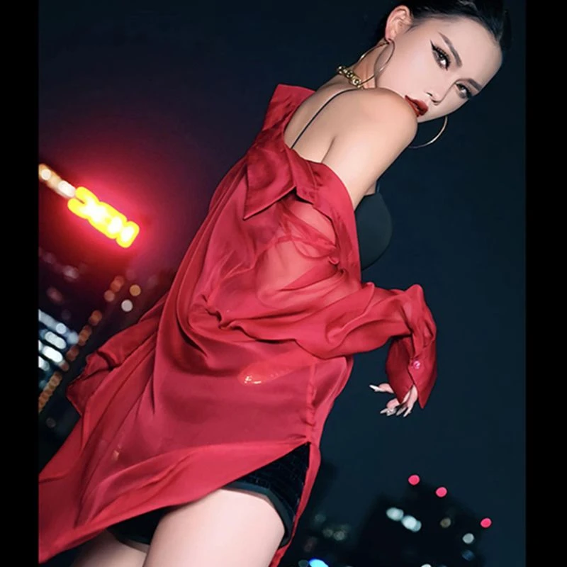 买手店设计师红色微透防晒衣衬衫早秋高端奢华御姐气质女神范上衣