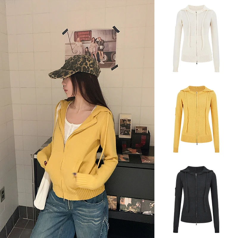 Moses Queen/魔西女王美式复古格双拉链连帽开衫短款修身针织外套