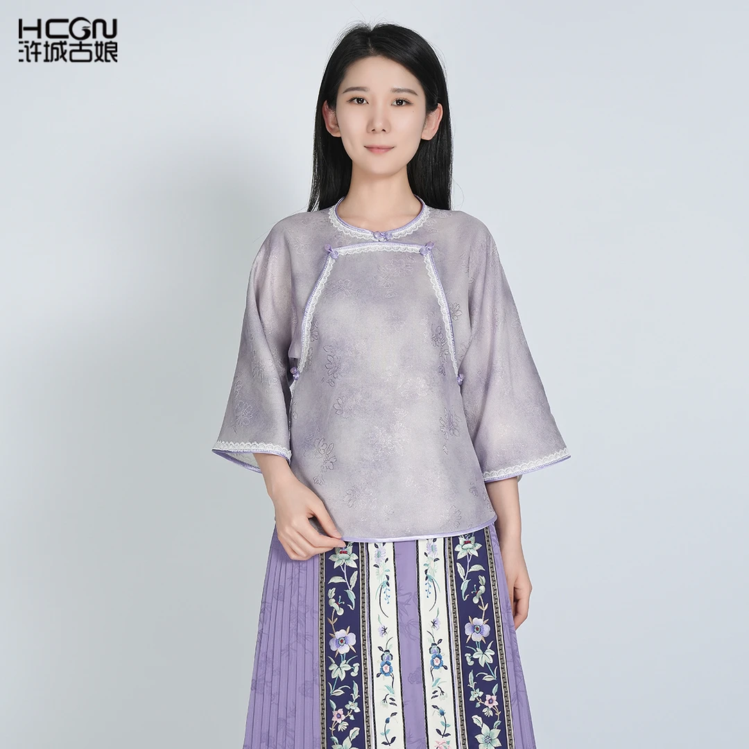 国风桑蚕丝新款夏季短袖圆领减龄舒适清凉宋锦诗涵上衣HBSS050323