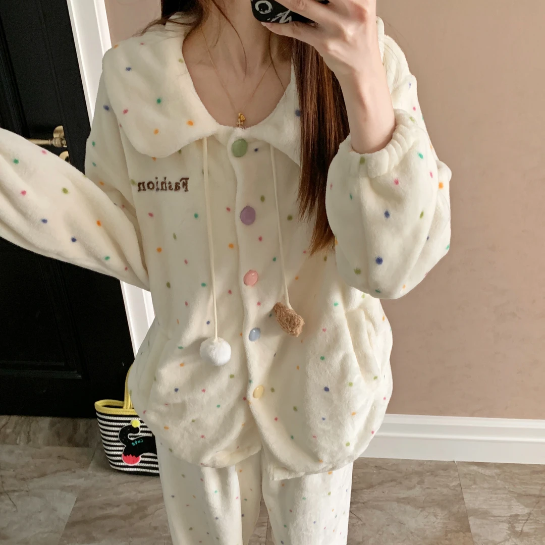 睡衣女秋冬季珊瑚绒大码加厚2025新款彩圆点套装法兰绒冬天家居服