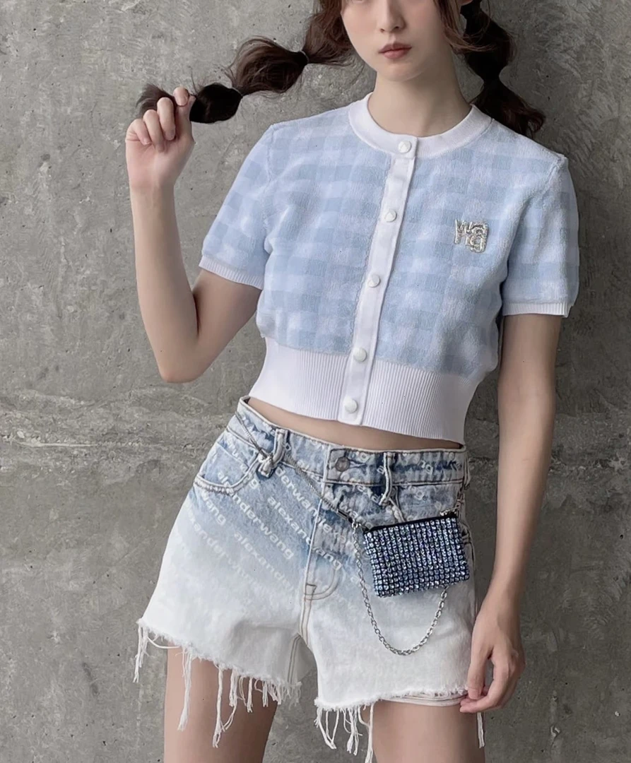 未使用 MaxMara XS*1/AlexanderWang大王 蓝白格水钻短袖/09302