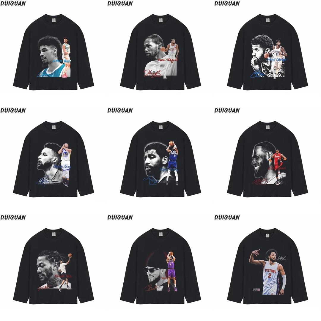 美式数码直喷系列潮牌球星纯棉重磅260g直喷复古印花篮球长袖