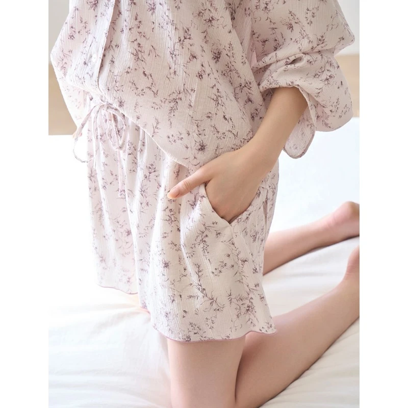 【胖虎家】 夏季新款 S 荷荷巴油助剂柔软舒适睡裤短裤女蕾丝显瘦