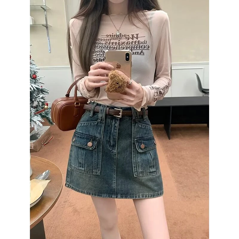 OLOIU复古牛仔半身裙女春夏新款高腰显瘦a字设计感小众防走光包臀