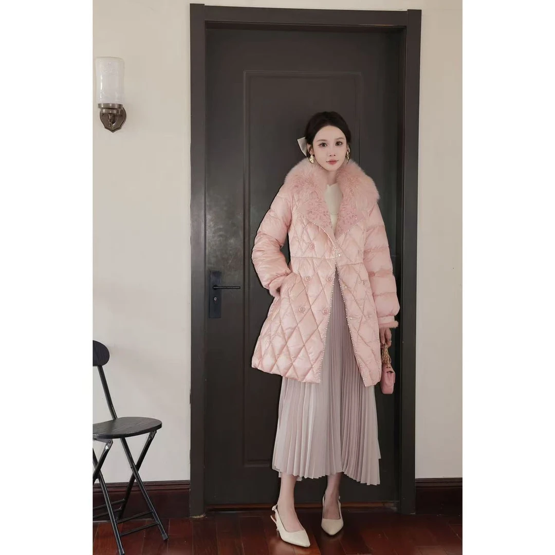 小静折扣~ZH122 冬季刺绣毛领系腰带菱格中长款羽绒服 （卡码拍大）