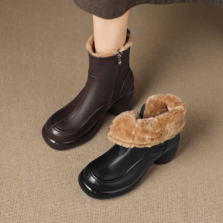 牛皮/8cm/秋季新款小个子增高跟鞋厚底粗跟真皮加绒保暖短靴女鞋
