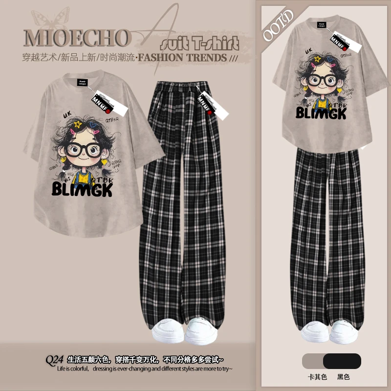 女童夏季扎染短袖T恤格子裤套装2025新款小女孩印花中大童两件套