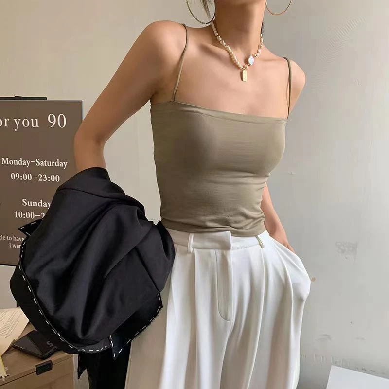 纯色吊带背心女带固定胸垫外穿上衣无钢圈美背细带打底长款薄抹胸