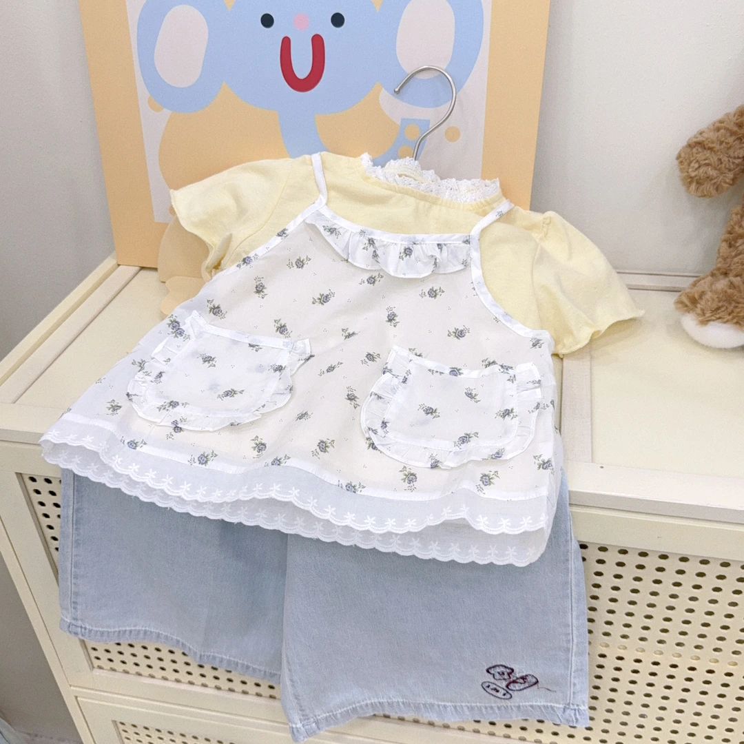 【XTL】2025新夏奶黄色碎花娃娃衫牛仔直筒裤三件套58832